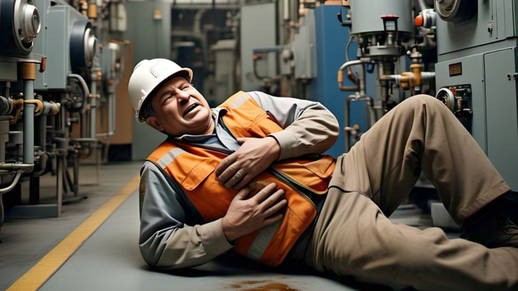 A male worker in an orange safety vest and white hard hat clutching his chest in distress while lying on the floor of an industrial facility, possibly experiencing a medical emergency. Flying Doctors Nigeria swiftly responded, providing critical air ambulance evacuation and emergency medical support to ensure he received life-saving treatment at a specialized healthcare facility